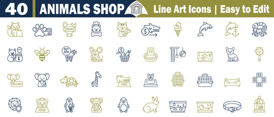 Animal Shop Line Art Icons Easy to Edit on White Background. Including animal shop, line art, icons, pet, fox vector illustration. 