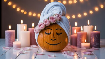 Charming pumpkin with spa towel and roses enjoys serene candlelit ambiance, perfect for autumn relaxation and self care themes