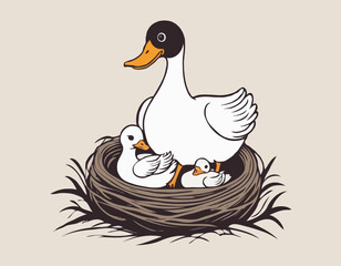 Mother Goose with Her Baby in the Nest Image Vector isolated on white background.