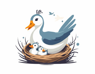 Mother Goose with Her Baby in the Nest Image Vector isolated on white background.
