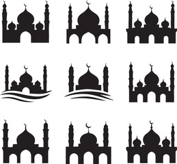 black mosque vector pack 9 mosque silhouettes masjid dome minaret crescent scalable ai eps jpeg png