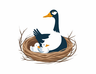 Mother Goose with Her Baby in the Nest Image Vector isolated on white background.