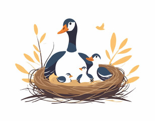 Mother Goose with Her Baby in the Nest Image Vector isolated on white background.