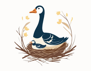 Mother Goose with Her Baby in the Nest Image Vector isolated on white background.