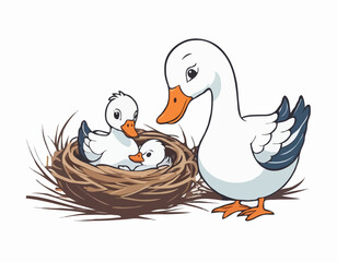 Mother Goose with Her Baby in the Nest Image Vector isolated on white background.