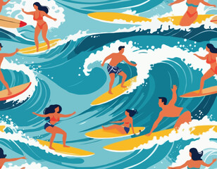 Cheerful Tourists Surfing the Waves on Hawaii Island with Joy and a Spirit of Freedom vector image