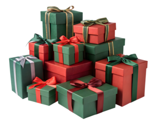 Stack of red and green gift boxes with ribbons isolated on transparent background