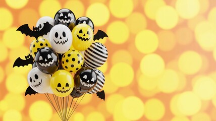 Spooky Halloween balloons featuring jack o'lantern faces and bat cutouts create a festive party atmosphere with vibrant bokeh lights