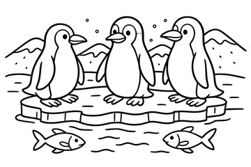 Naklejka premium Penguins on Ice. Zoo animals coloring page: penguins standing on ice, fish swimming near, snowy hills, black and white vector line