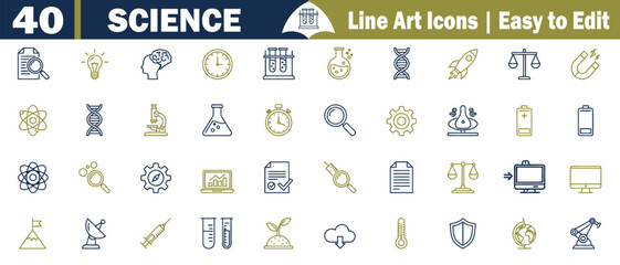 Collection of 40 science and technology line art icons in navy blue and gold vector illustration. 
