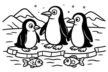 Penguins on Ice. Zoo animals coloring page: penguins standing on ice, fish swimming near, snowy hills, black and white vector line