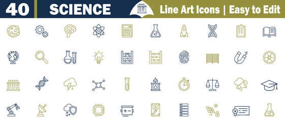Science line art icons set. Blue and gold research, discovery, innovation, education, knowledge, biology, chemistry, physics, medicine, astronomy, data, vector illustration. 