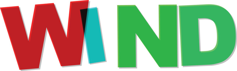 Red green letters spelling W I N D with overlapping cyan Text Design wind word