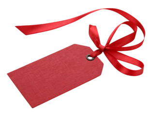 Red gift tag with red ribbon isolated on transparent background