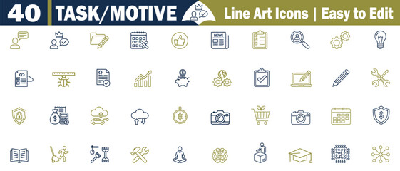 Task and Motive Line Art vector illustration Icons set. With Business and Creative Symbols, work, project, goal, achievement, success, finance, money, teamwork, and communication elements. 