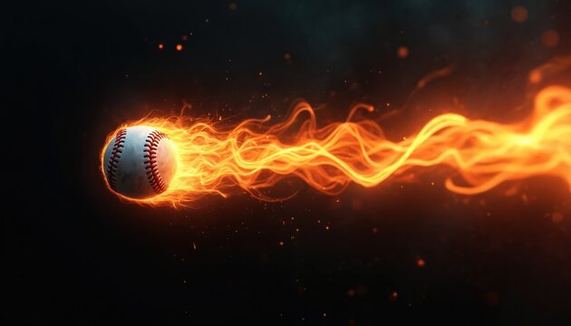 Baseball ball on fire moving fast through dark space. Fiery sport ball burning blazing flames abstract design. Dynamic sport competition concept with energy and power.