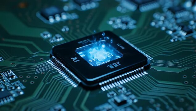 Closeup of AI Microchip Embedded on Circuit Board with Electronic Components