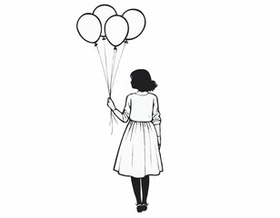 Black and white Girl with balloons vector image isolated on white background.