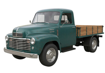 Classic green pickup truck isolated, vintage vehicle with wooden bed for transportation and restoration projects, on transparent background