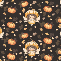 Cute autumn fairy seamless pattern with pumpkins