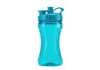 Turquoise plastic water bottle isolated on transparent background, reusable container for sports and fitness