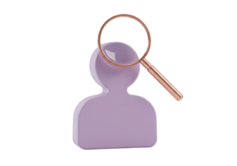 Lilac person icon with magnifying glass isolated PNG, human resources and recruitment concept for business and social media
