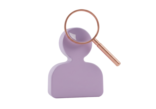 Lilac person icon with magnifying glass isolated PNG, human resources and recruitment concept for business and social media