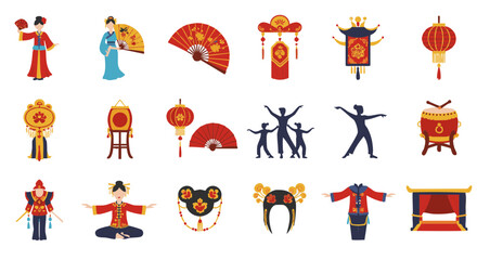 Vector icons set Chinese fan dance performance traditional culture