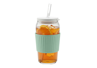 Refreshing iced tea with orange slices in a glass isolated, summer drink with straw and sleeve on a clean background