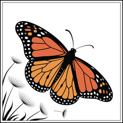 A high-quality vector design featuring a Monarch butterfly with vibrant orange and black wings, gracefully flying among dandelion seed heads. The clean, minimal white background with black floral elem
