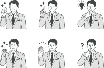 businessman avatar series in suit green tie set of gestures thumbs up thinking stop point idea
