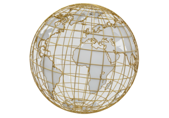 Golden wireframe globe isolated on white, world map model for geography and international business concepts