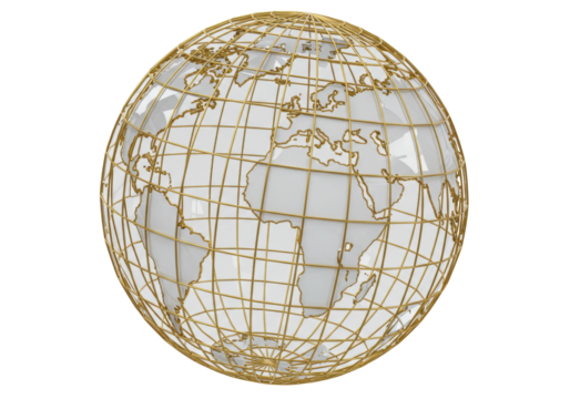 Golden wireframe globe isolated on white, world map model for geography and international business concepts