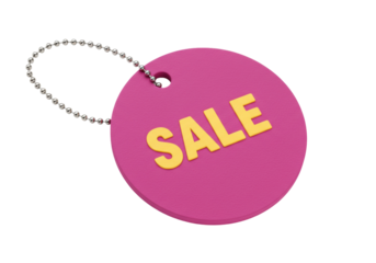 Pink sale tag with yellow letters isolated on white, retail promotion for shopping discounts and special offers PNG