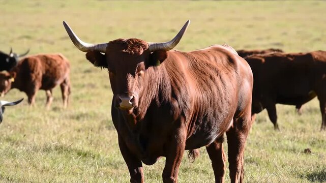 Large brown bull in grassy field with grazing herd of cattle