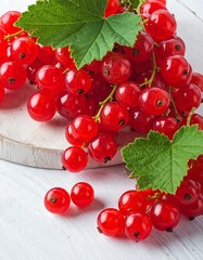 Fresh red currants on white wood