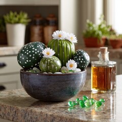 A decorative arrangement of potted succulents and painted stones, featuring vibrant green cacti and white flowers, sits in a dark gray bowl on a countertop.