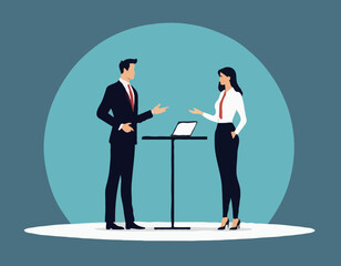 Two Professionals Engaged in a Business Discussion While Standing Vector Illustration