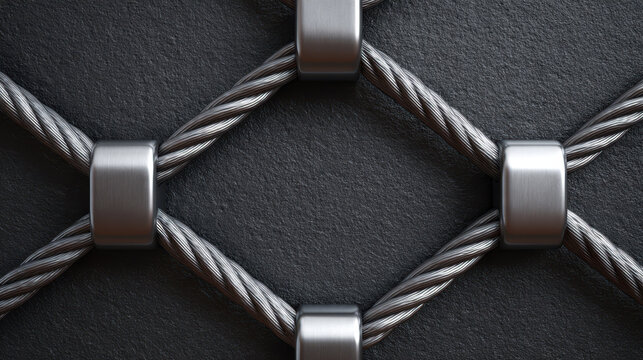 Tension cable anchor heads forming symmetrical grid on dark textured surface with metallic braided wire creating industrial pattern