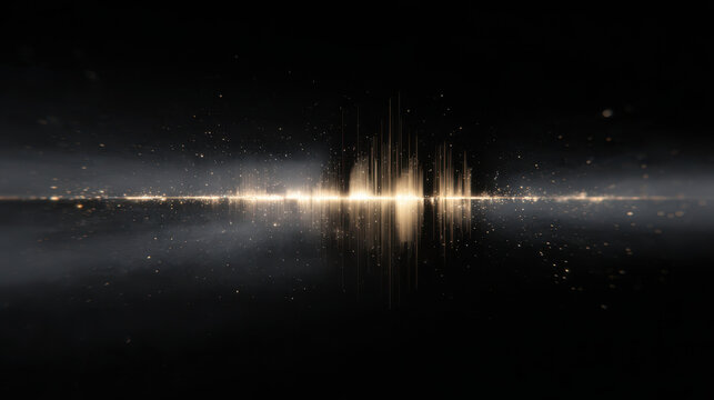 Golden sound wave glowing in dark space with sparkling particles floating around, creating futuristic and dynamic visual effect