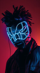 Crazy rave DJ with futuristic headphones