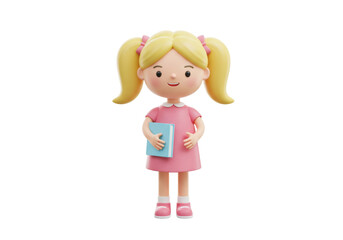 Cute blonde girl holding a book isolated PNG, 3D cartoon character in pink dress with pigtails for education and children s content