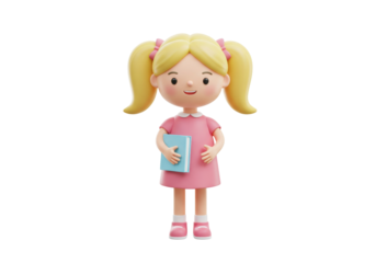 Cute blonde girl holding a book isolated PNG, 3D cartoon character in pink dress with pigtails for education and children s content