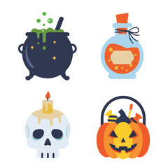 Halloween items witch's cauldron, a potion bottle, a skull candle, and a pumpkin candy basket.