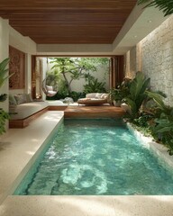 A tranquil indoor-outdoor pool area with a lush garden setting, showcasing a serene and stylish design.