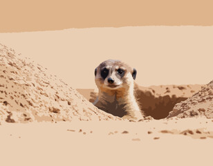 Meerkat Vector Images. Natural habitat of a cute meerkat peeking out of its burrow image vector.