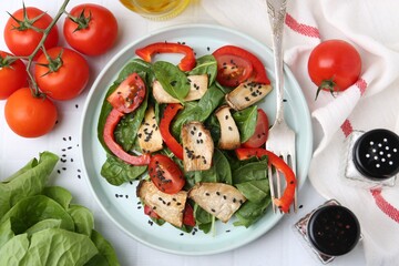 Tasty salad with eryngium mushrooms served on white table, flat lay