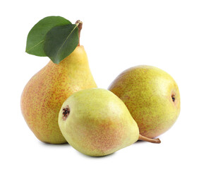Fresh ripe pears with green leaves isolated on white