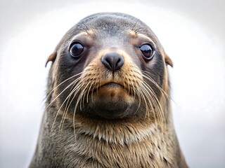 Naklejka premium Closeup portrait of a curious and adorable antarctic fur seal looking directly at the camera with big eyes