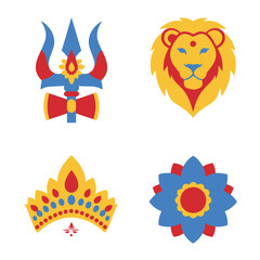 Four colorful Hindu symbols: trident, lion, crown, and flower.